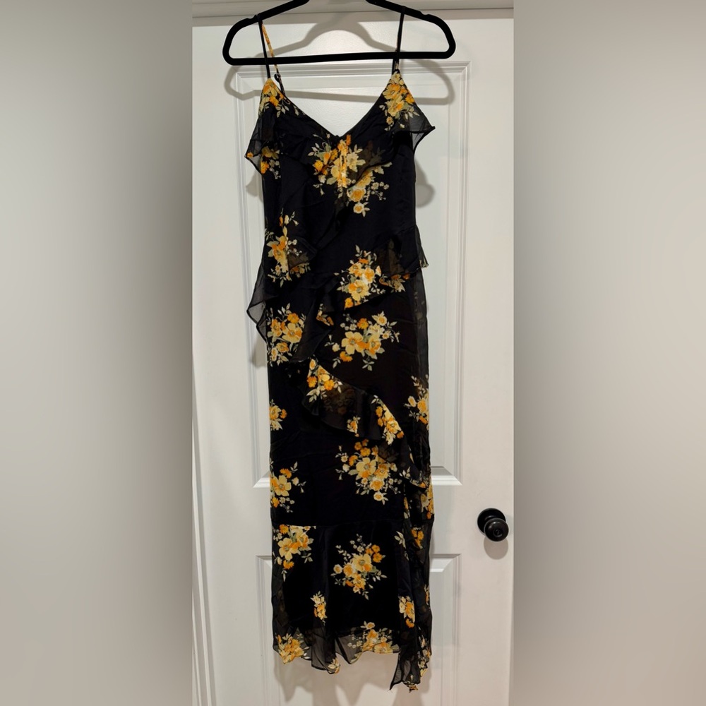 The Workshop Black &‎ Yellow Floral Long Ruffle Tiered Dress Size M